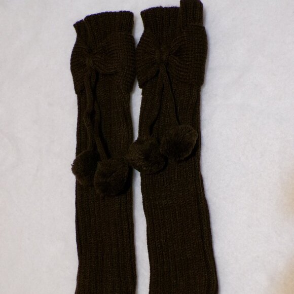 NEW Chocolate Pompom Bow 10" Leg Warmers Ribbed Knit - Picture 1 of 3